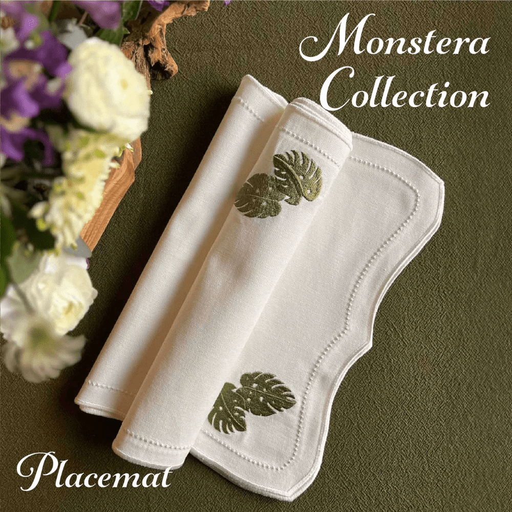 qotnhome طقم مفارش أطباق أوراق مونستيرا مع حوامل أدوات 12 قطعة
