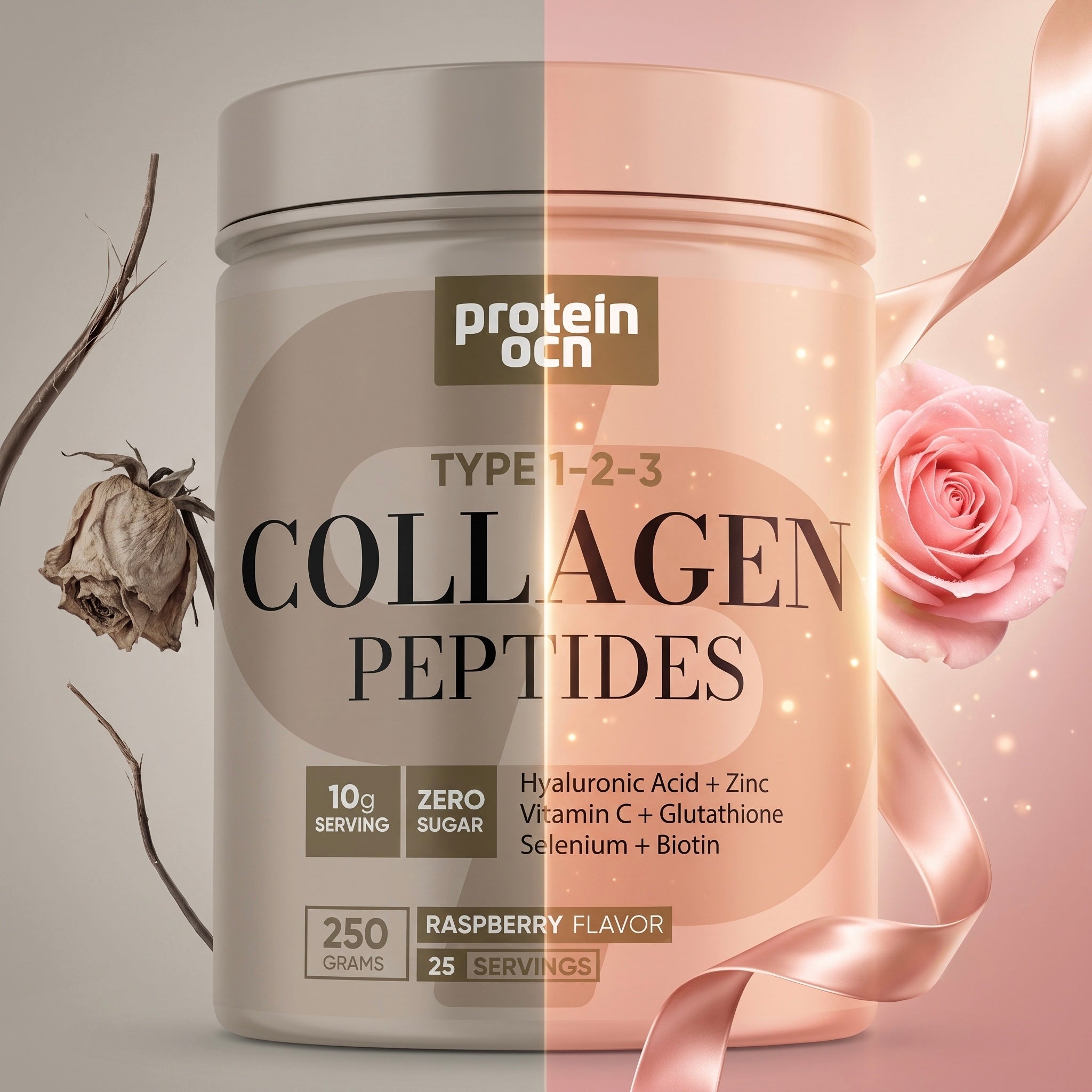 Protein ocean كولاجين أنواع 1 و2 و3 مع فيتامينات لدعم البشرة والشعر والأظافر بنكهة التوت (250 غرام)