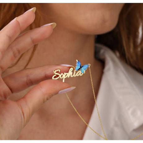 قلادة فضة 925 بتصميم فراشة زرقاء باسمك