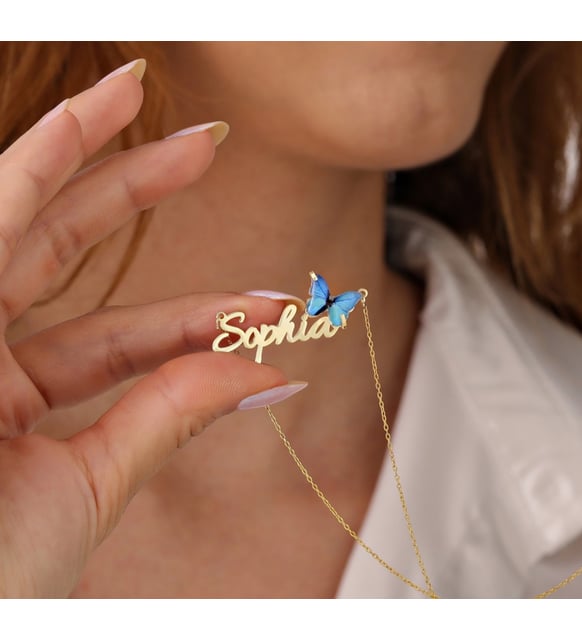 قلادة فضة 925 بتصميم فراشة زرقاء باسمك