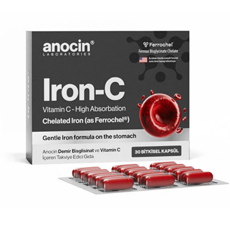 anocin كبسولات الحديد مع فيتامين سي لدعم الطاقة والدم والمناعة 30 قرص