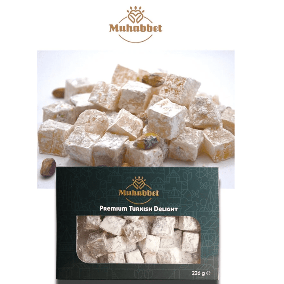 Muhabbet حلقوم تركي فاخر بالفستق الحلبي محمص مرتين 225 غرام