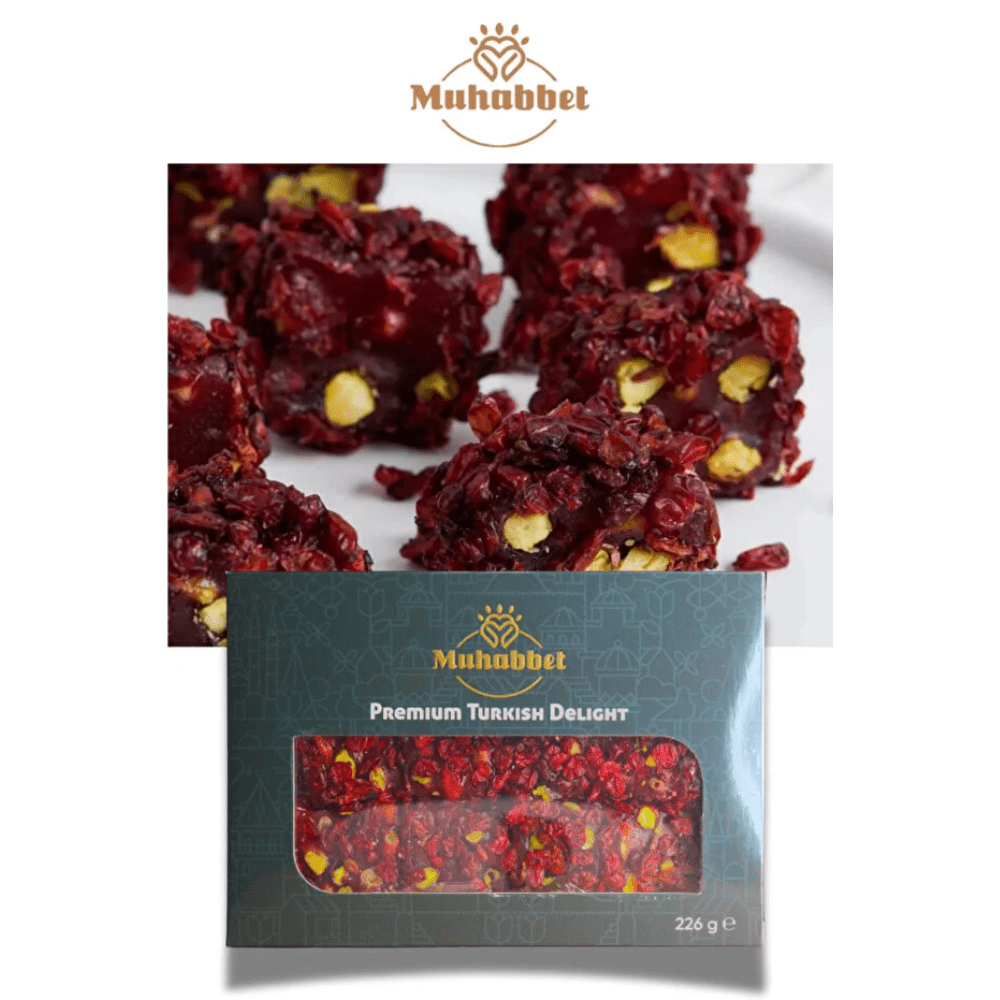Muhabbet حلقوم تركي فاخر بنكهة الزريشك والفستق الحلبي 225 غرام