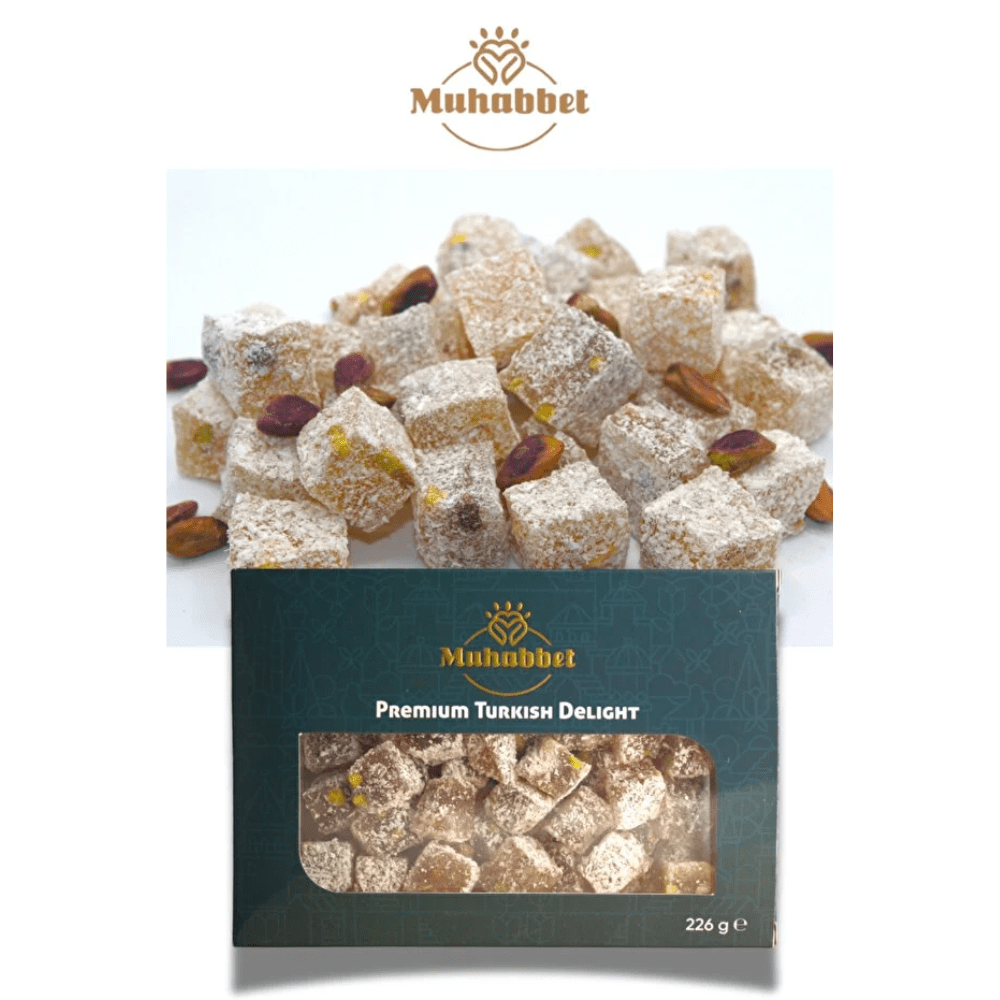 Muhabbet حلقوم تركي فاخر محمص مرتين مع جوز الهند والفستق الحلبي 225 غرام