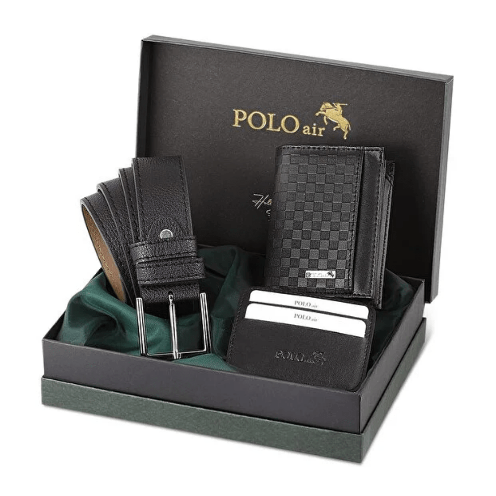 Polo Air طقم هدية رجالي فاخر– محفظة وحزام وكارت هولدر