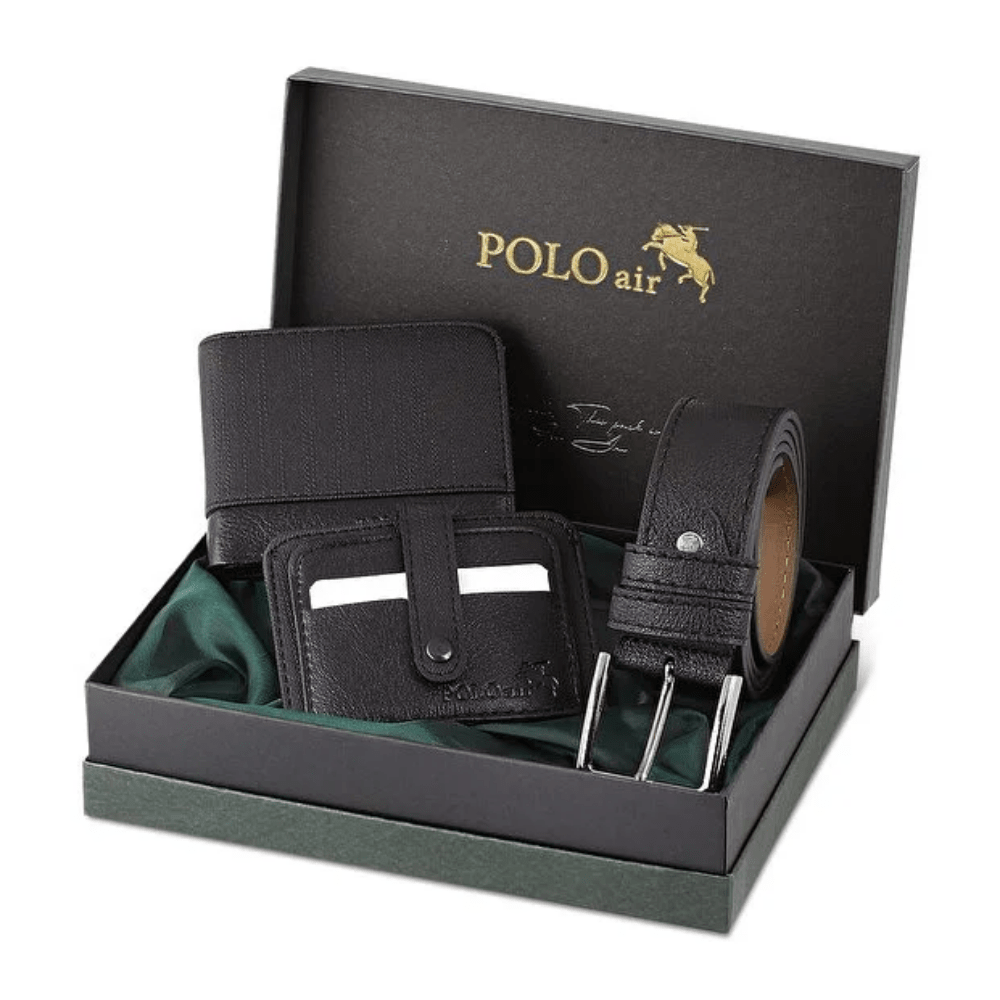 Polo Air طقم هدية رجالي سبور محفظة وحزام وكارت هولدر بنقشة جينز