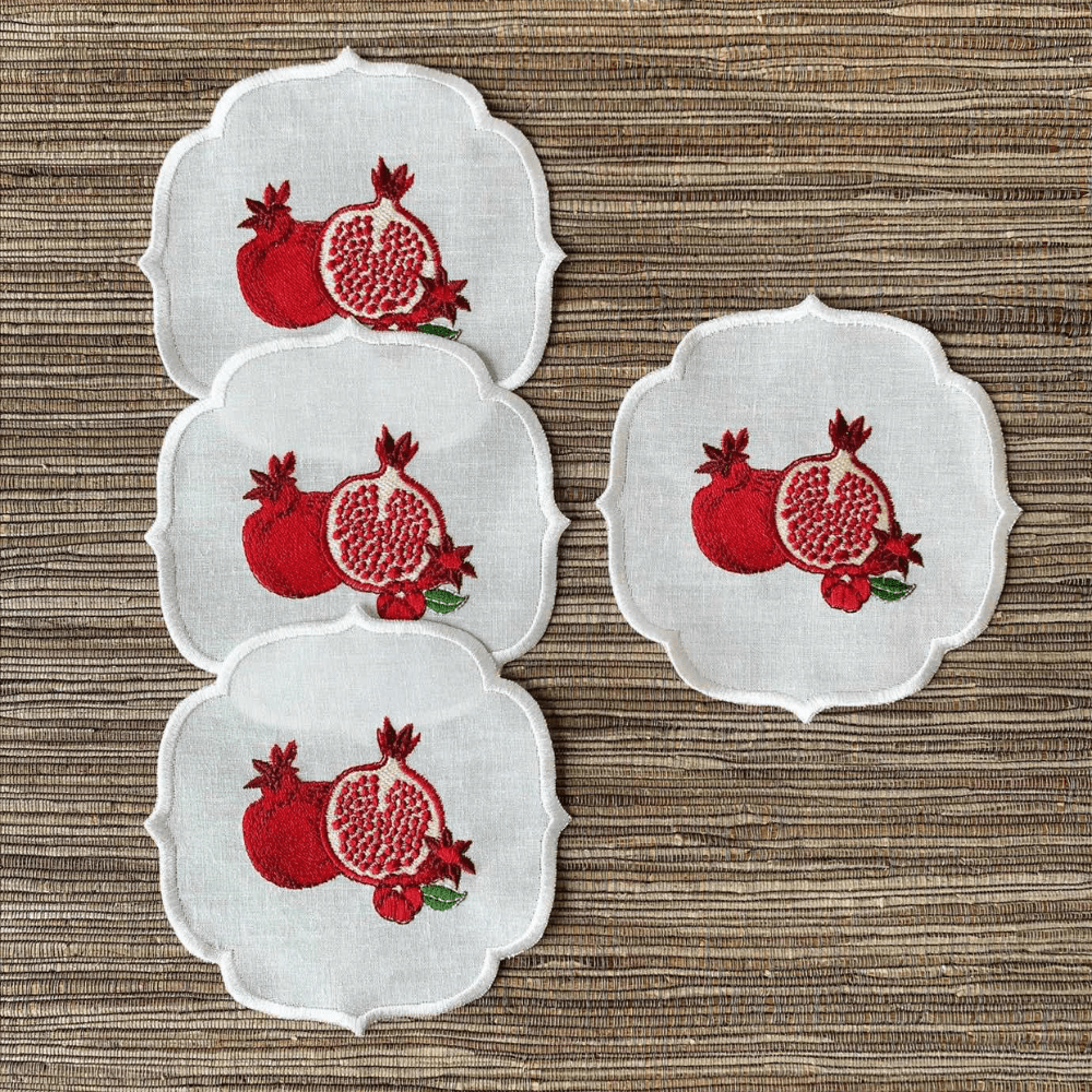 qotnhome حاملات أكواب مطرزة بتصميم الرمان قماش قطني