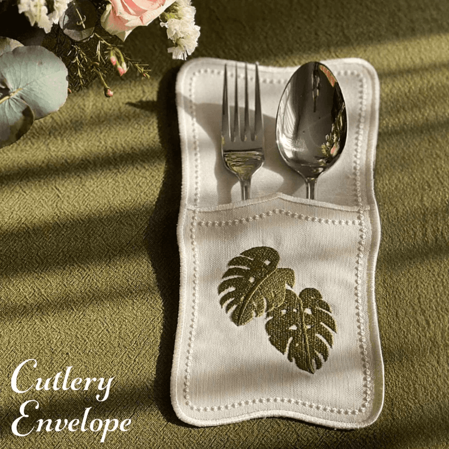 qotnhome طقم مفارش أطباق أوراق مونستيرا مع حوامل أدوات 12 قطعة