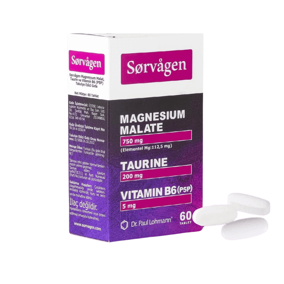 سورفاجين مكمل غذائي مغنيسيوم ماليت مع تورين وفيتامين B6 (P5P) 60 قرص